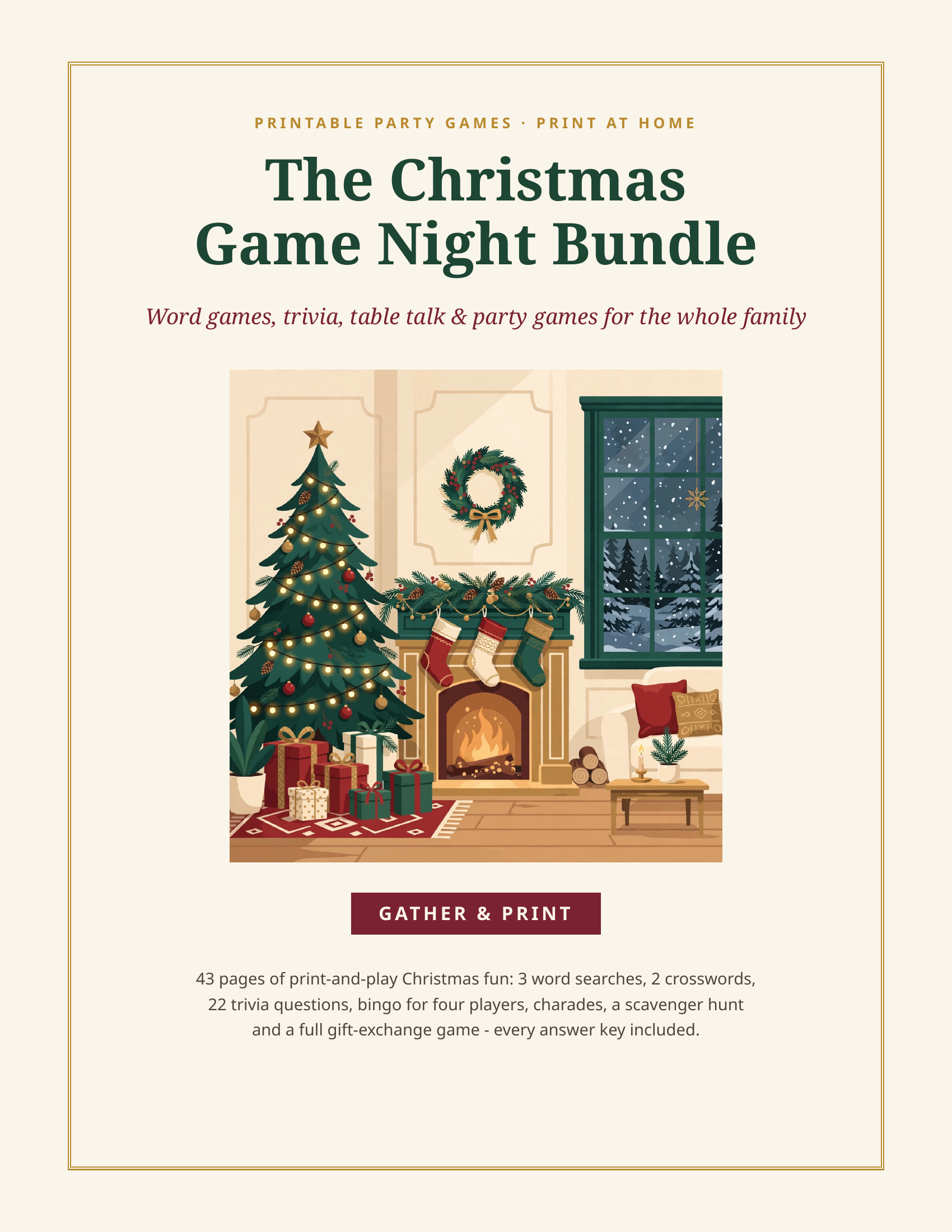 Cover of The Christmas Game Night Bundle — 43 pages of printable Christmas games for the whole family